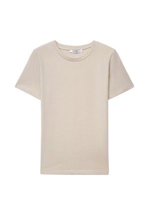 Maglietta beige in cotone a maniche corte con scollo rotondo, senza motivi o loghi, mostrata stesa su uno sfondo bianco.
