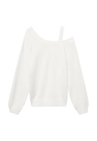 Vit off-shoulder-tröja med långa ärmar och ribbat nederkant, med ett enstaka band på ena sidan. Mjuk, avslappnad stil.