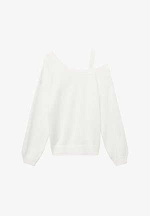 Pull blanc à épaules dénudées avec des manches longues et un ourlet côtelé, présentant une seule bretelle d'un côté. Style doux et décontracté.