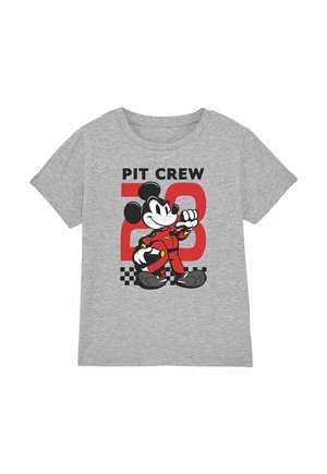 Gray t-shirt with graphic of Mickey Mouse in red pit crew uniform, number 28, and black-and-white checkered racing pattern.