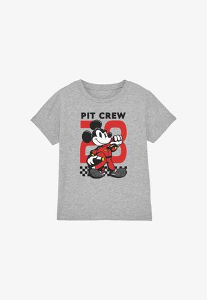 Gray t-shirt with graphic of Mickey Mouse in red pit crew uniform, number 28, and black-and-white checkered racing pattern.
