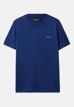 Navy blue T-shirt made of soft cotton. Features a round neckline and short sleeves. Small logo on the chest. Smooth texture.