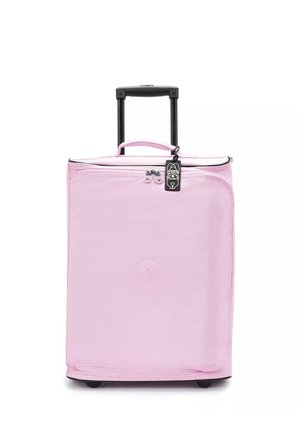 Valigia rosa con ruote, realizzata in tessuto morbido e con chiusura a zip, dotata di maniglia superiore, maniglia telescopica e etichetta nera con design da cartone animato.