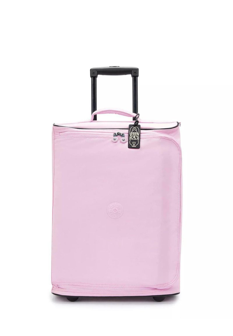 Valigia rosa con ruote, realizzata in tessuto morbido e con chiusura a zip, dotata di maniglia superiore, maniglia telescopica e etichetta nera con design da cartone animato.