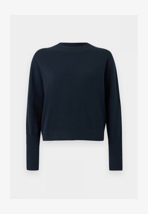 Tmavomodrý sveter s okrúhlym výstrihom, dlhými rukávmi a rebrovanými manžetami a lemom, zobrazený na jednoduchom svetlom pozadí.