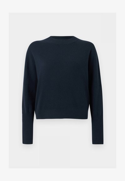 Pull-over bleu marine foncé à col rond, manches longues avec poignets et ourlet côtelés, présenté sur un fond clair uni.