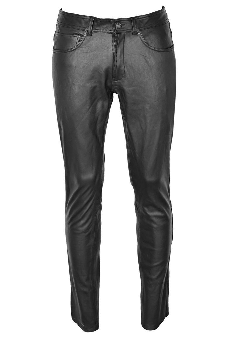 Zwarte leren broek met een slim fit ontwerp, voorzien van voorzakken, riemlussen en subtiele stiksels. Glad textuur over de hele lengte.