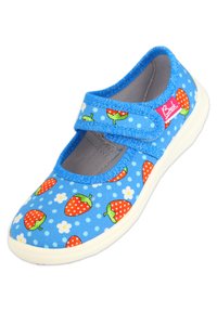Blauer Stoffschuh mit Erdbeer- und Blumenmuster, Klettverschluss, weiße Sohle und gepolstertem Innenfutter für mehr Komfort.