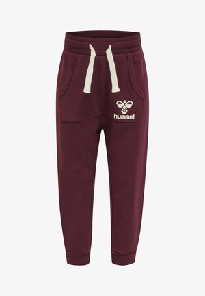 Bordeauxrode sweatpants van zachte stof, met zijzakken, een elastische tailleband met witte trekkoorden en een wit logo op de voorkant.
