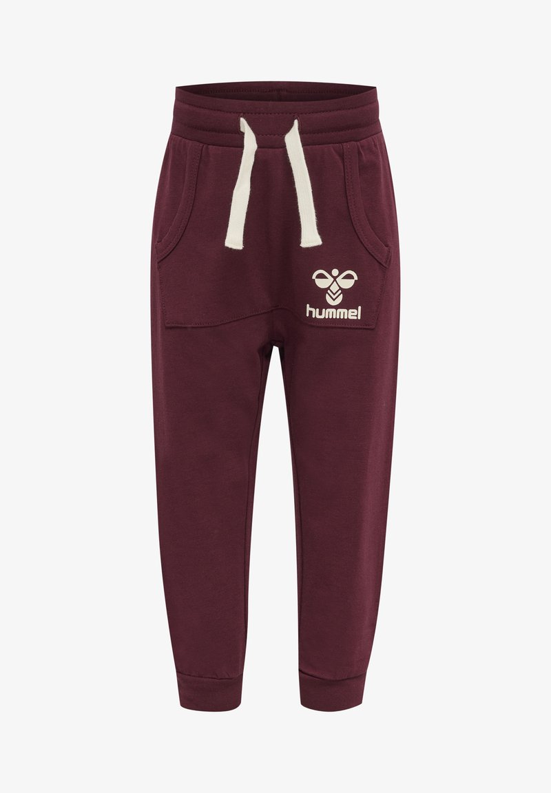 Bordeauxrode sweatpants van zachte stof, met zijzakken, een elastische tailleband met witte trekkoorden en een wit logo op de voorkant.