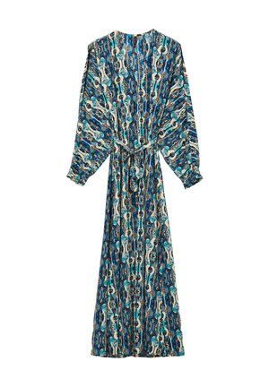 Langes, fließendes Kleid mit langen Ärmeln, das ein abstraktes Muster in Blau, Weiß und Schwarz aufweist. Bänder in der Taille sorgen für eine verstellbare Passform.