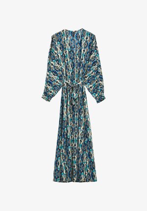 Langes, fließendes Kleid mit langen Ärmeln, das ein abstraktes Muster in Blau, Weiß und Schwarz aufweist. Bänder in der Taille sorgen für eine verstellbare Passform.