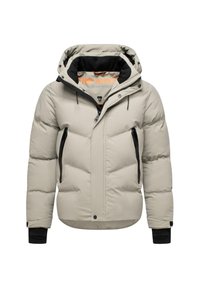 Giacca puffer beige chiaro con cappuccio removibile, dettagli neri, tasche con zip e polsini elasticizzati. Design testurizzato e isolato per il calore.