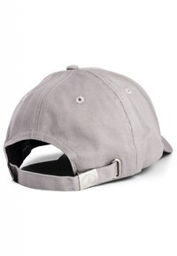 Gray cotton baseball cap with a curved brim, adjustable strap, and metal accent. Features stitching details and ventilation grommets.