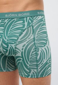 Κοντινό πλάνο ενός ατόμου που φοράει πράσινα boxer briefs με μοτίβο τροπικών φύλλων και λογότυπο "BJÖRN BORG" στη μέση.