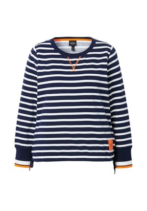 Maglia a maniche lunghe a righe blu navy e bianche con un accento arancione sul collo e sui polsini, dotata di un'etichetta laterale e una vestibilità comoda.