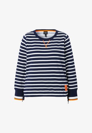 Haut à rayures bleu marine et blanc à manches longues avec un accent orange au niveau de l'encolure et des poignets, présentant une étiquette sur le côté et une coupe décontractée.