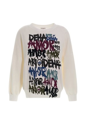 Tricou alb cu text mare, multicolor care include "AMOR," "DEHA," și simboluri abstracte. Are mâneci lungi și o croială lejeră.