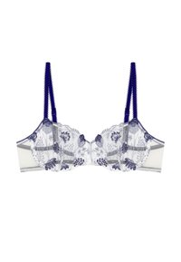 Soutien-gorge en dentelle blanche transparente avec broderie florale bleu marine, bords festonnés et bretelles réglables. Comprend un panneau arrière uni.