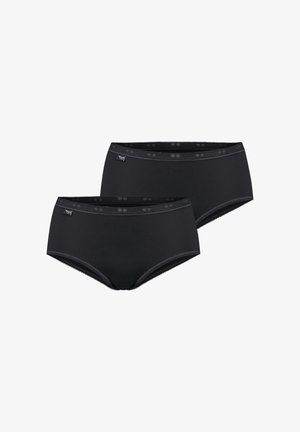 Zwei schwarze Hipster-Slips für Frauen mit dezentem Spitzenbesatz und einem kleinen Markenzeichen am Bund, dargestellt auf weißem Hintergrund.