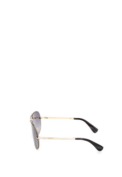 Ochelari de soare cu ramă din metal auriu, cu lentile gri în gradient, având lentile ovale largi și brațe elegante negre cu textură. Accents notabile cu logo pe ramă.