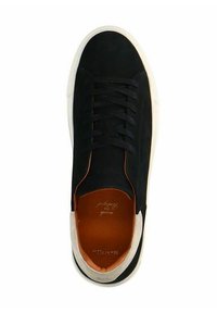 Black suede sneaker with fabric laces, a white rubber sole, and a brown leather interior. Features a classic, minimalist design.