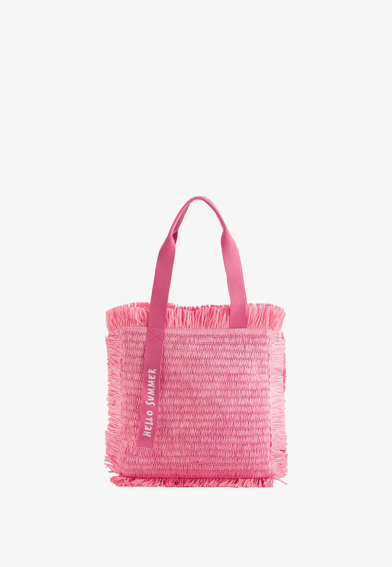 Pink woven tote bag with frayed edges, featuring a solid pink strap labeled "HELLO SUMMER" in a contrasting font.