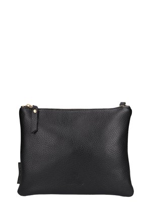 Zwarte leren pouch met een gestructureerde afwerking, ritssluiting en een klein leren label. Kenmerkt zich door een minimalistisch ontwerp en subtiele logo-details.