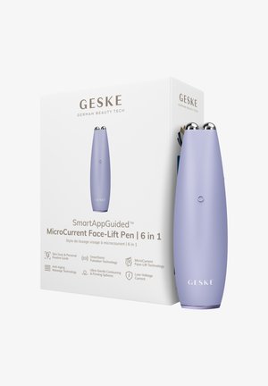 Stylo de lifting facial à microcourant lavande avec doubles sphères métalliques, présenté à côté d'une boîte blanche listant six technologies et caractéristiques de soins de la peau.