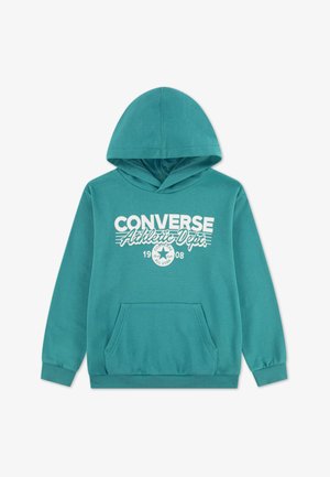 Sudadera con capucha color verde azulado que incluye un bolsillo tipo canguro, puños acanalados y un estampado gráfico blanco con los textos "Converse" y "Athletic Dept". Tela de mezcla de algodón.
