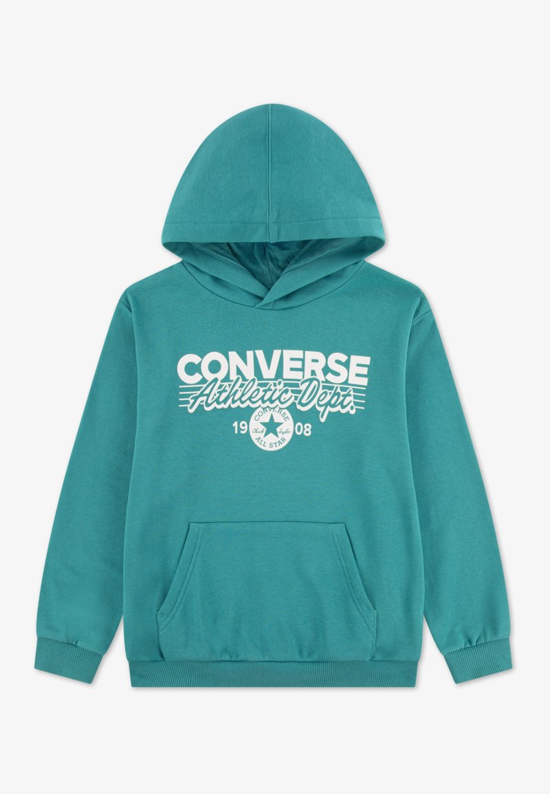 Φούτερ με κουκούλα σε χρώμα τιρκουάζ, διαθέτει τσέπη καγκουρό, ριμπ μανσέτες και λευκό γραφικό με τα κείμενα "Converse" και "Athletic Dept". Ύφασμα από μίγμα βαμβακιού.