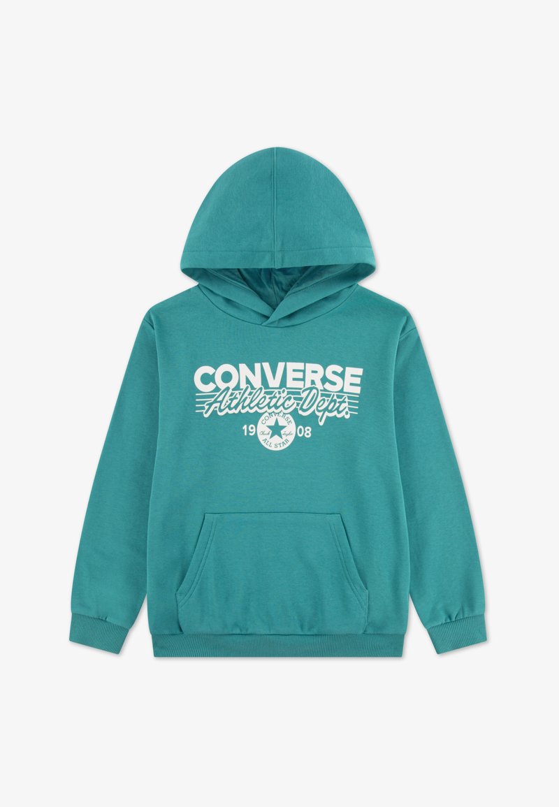 Sweat à capuche bleu sarcelle avec une poche kangourou, des poignets côtelés et une impression graphique blanche avec les textes "Converse" et "Athletic Dept". Tissu en mélange de coton.
