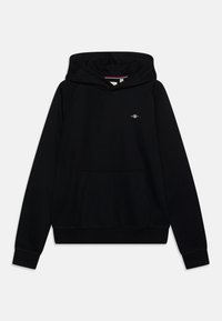 Haut à capuche noir avec une poche avant, des poignets et un ourlet côtelés. Présente un petit logo brodé sur la poitrine. Tissu doux et coupe décontractée.
