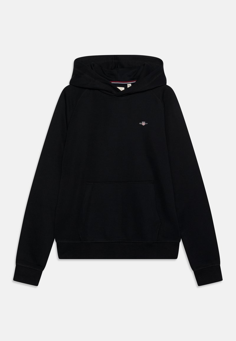 Black hoodie with a front pocket, ribbed cuffs, and hem. Features a small embroidered logo on the chest. Soft fabric and relaxed fit.