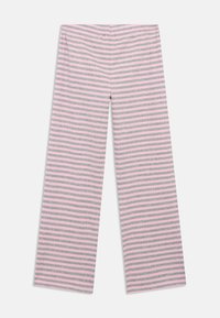 Rosa og gråstripete bukser med rett snitt, laget av mykt stoff og med elastisk midjebånd for komfort. Ingen ekstra detaljer.