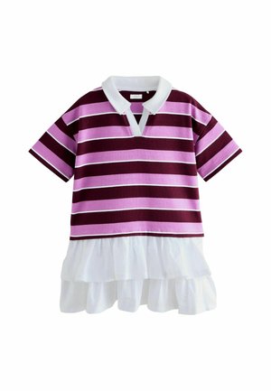 Kurzärmeliges Kleid mit weißem Kragen, horizontalen pinken und dunkelvioletten Streifen und einem geschichteten weißen, gerafften Rocksaum.