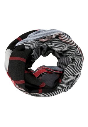 Pyöreä infinity-kaulahuivi mustalla, harmaalla ja punaisella ruutukuviolla ja raidallisilla kuvioilla, kierrettynä muodostamaan silmukka.