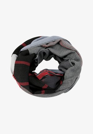 Écharpe infinie circulaire avec motifs à carreaux et rayures noirs, gris et rouges, torsadée pour former une boucle.