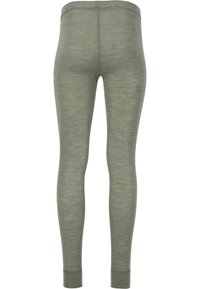 Groene, aansluitende legging gemaakt van een gladde, rekbare stof. Beschikt over een middelhoge tailleband en taps toelopende mouwen bij de enkels.