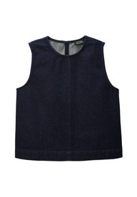 Top sans manches en denim foncé avec un col rond, présentant une coupe droite et des coutures subtiles le long de l'ourlet et de la couture centrale.