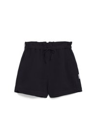 Black cotton shorts with a drawstring waistband, side pockets, and a relaxed fit. Smooth texture with an unembellished design.