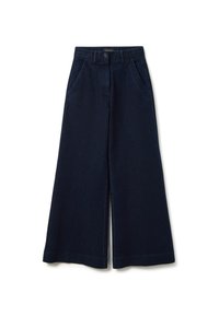 Pantaloni in denim scuro a gamba larga con vita alta, dotati di tasche anteriori e chiusura con bottone. Texture liscia e finitura pulita all'orlo.