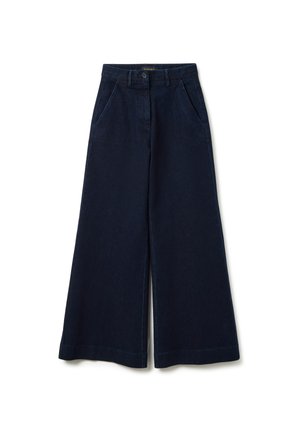 Weite, dunkelblaue Jeans mit hoher Taille, ausgestattet mit Vordertaschen und einem Knopfverschluss. Glatte Textur und sauberer Abschluss am Saum.