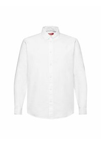 Weißes Langarmhemd aus Baumwolle mit einem Button-Down-Kragen, Frontknöpfen und geradem Saum; weiche Textur und klassisches Design.