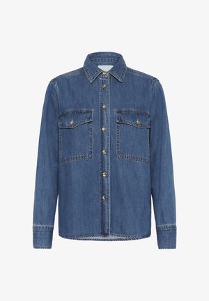 Denim shirt in dark blue, featuring a pointed collar, front button closure, and two chest pockets with button flaps. Distinctive stitching details.