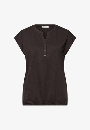 Dark brown short-sleeve blouse with V-neck, three-button placket, loose fit, and elasticated hem from the brand Street One.
