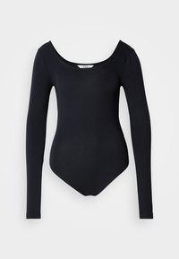 Mustroolane musta bodysuit, millel on lai u-kujuline kaelus, valmistatud venivast kangast. Sile pind ja keha külge liibuv disain, mis sisaldab stringi tüüpi aluspükse.