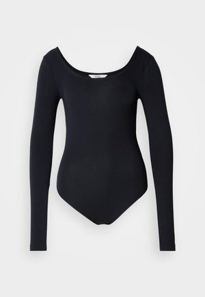 Bodysuit negro de manga larga con escote amplio, hecho de tejido elástico. Textura suave y diseño ajustado, con un fondo tipo tanga.