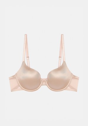 Soutien-gorge rembourré rose clair avec un tissu lisse, des bretelles réglables et un dos en mesh. Doté de bonnets moulés pour la forme et le soutien.