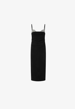 Robe nuisette midi noire avec fines bretelles et détails en sequins argentés sur le buste, silhouette ajustée, tissu lisse.